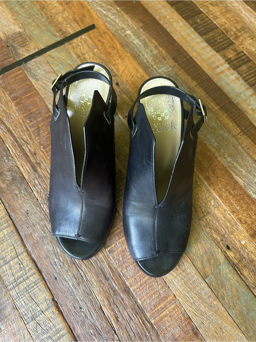 Vince Camuto Neveah Black Leather Peep-Toe Slingback Heels